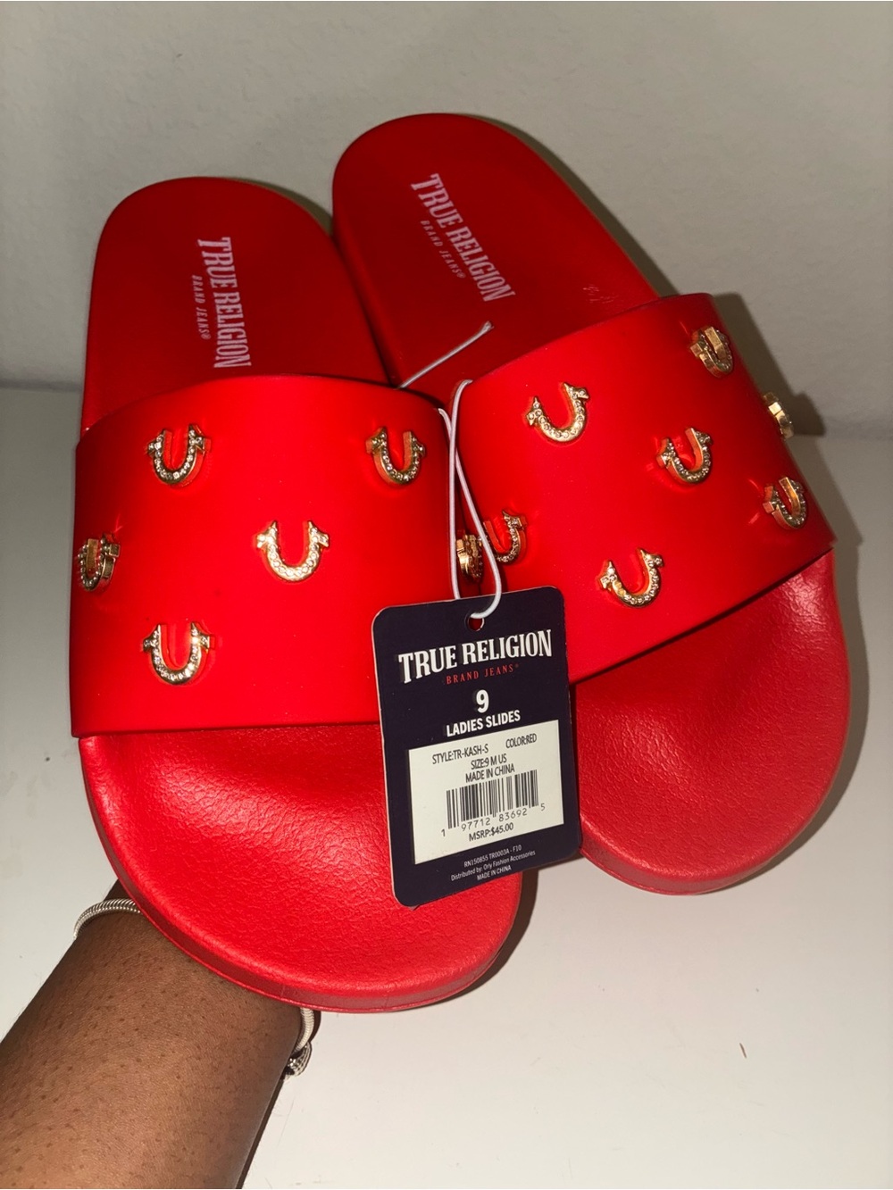 True Religion Red Slide Sandals with Gold Horseshoe Studs - Picture 2 of 3